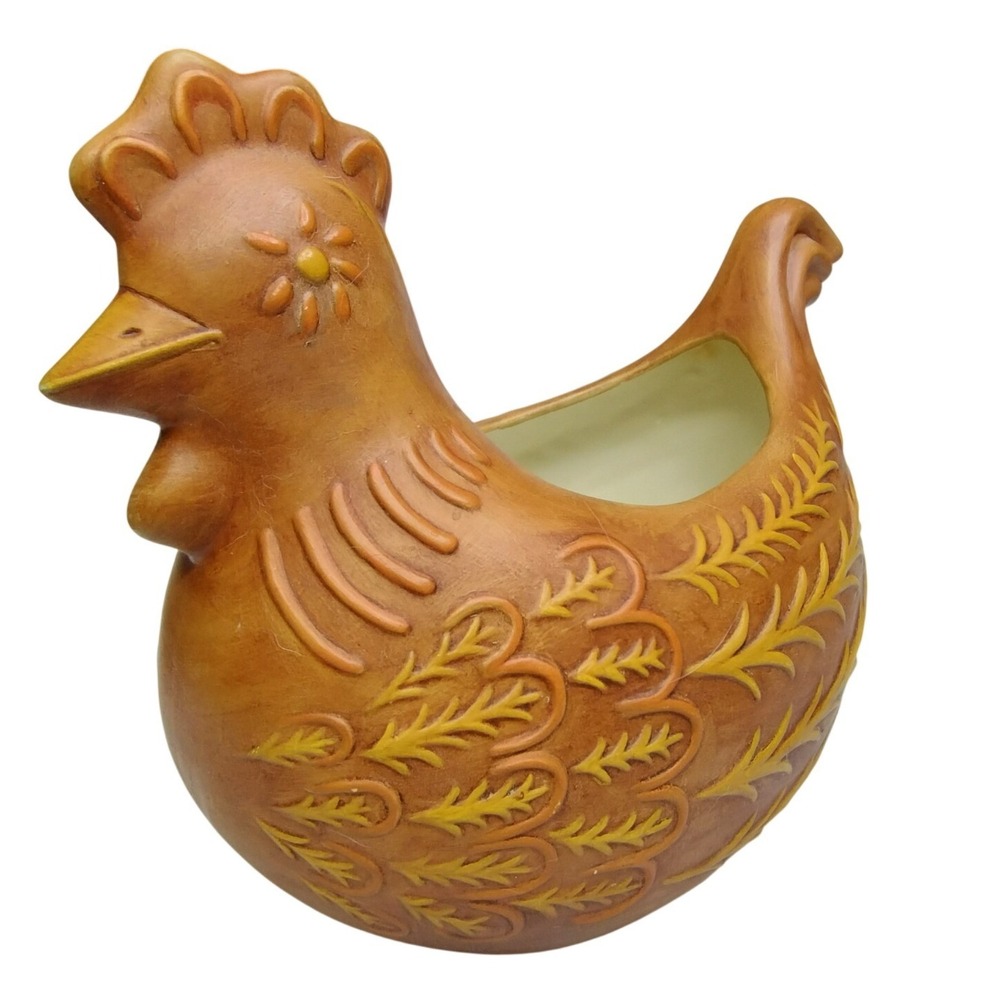 Vintage Ceramic Chicken Planter Brown Yellow Mid Century‎ Farmhouse Decor
